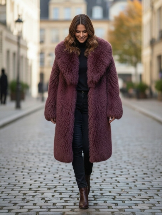 Genuine Mongolian Lamb Fur Coat - Luxurious Fur (Burgandy/Wine) - Picture 12 of 15